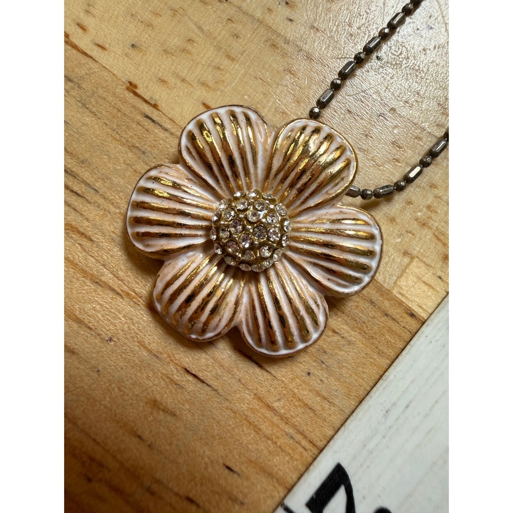 Brighton Gold White Enamel Rhinestone Flower Pendant Necklace Whimsical Floral